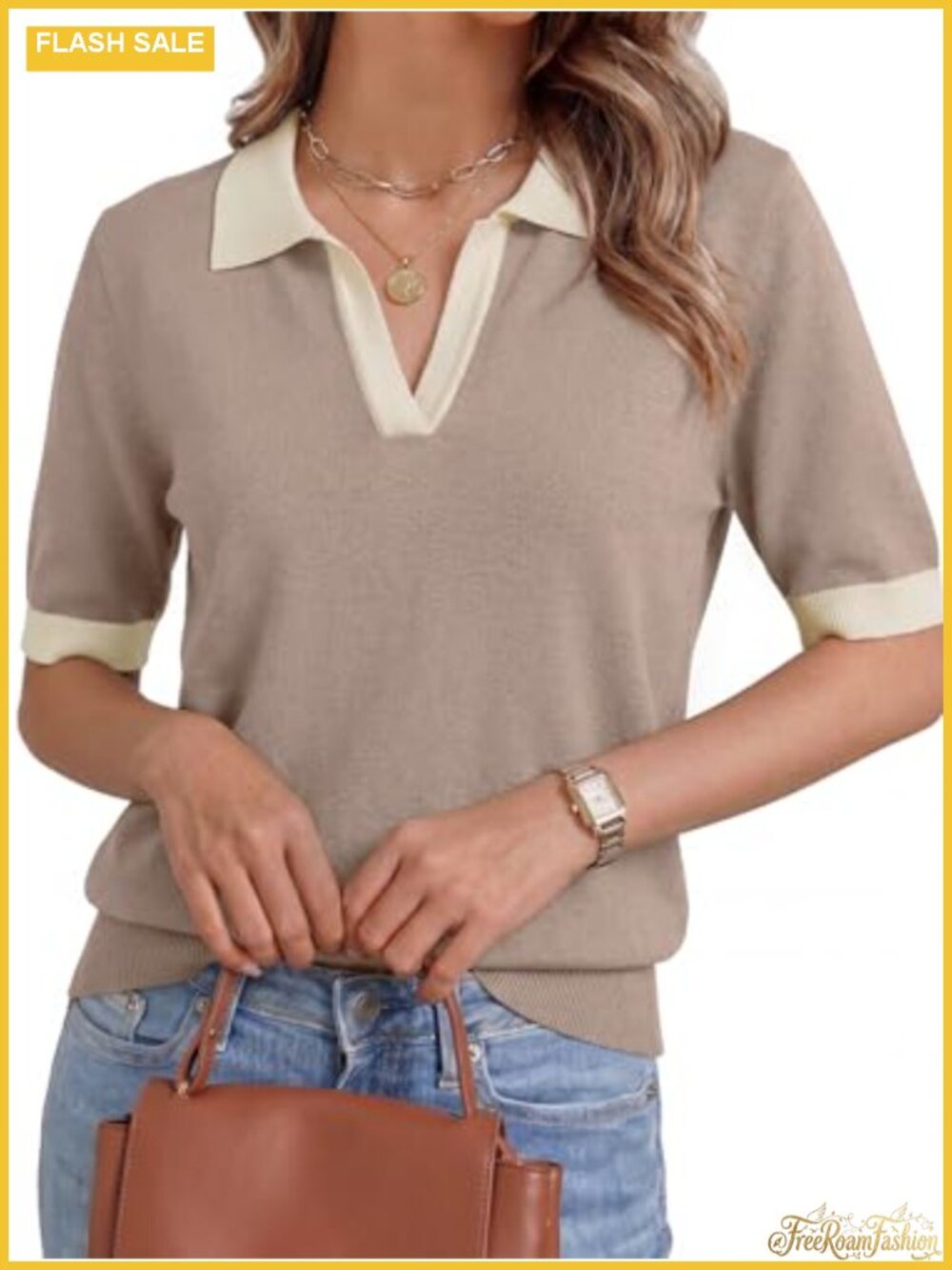 Wool Blend Short Sleeve Sweater V-Neck Knit Polo Business Casual